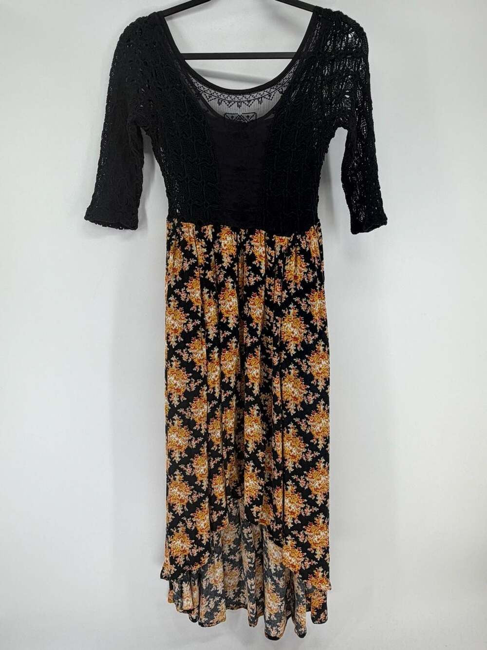 Free People Lonesome Dove Dress Size 6 Black Floral High Low Boho